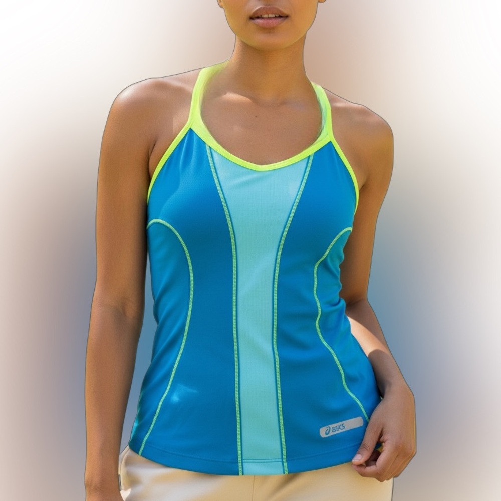 🆕Asics Tank Abby bra tank size xs Aqua blue/turquoise blue with neon yellow 269